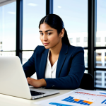 A focused professional, a person of Hispanic descent, wearing a modest business suit, seated at a modern desk in a well-lit, contemporary office. The desk is tidy, displaying a laptop with financial charts and a digital tablet showing a detailed budget spreadsheet. The background features blurred office architecture, suggesting a thriving and organized business environment. The image emphasizes strategic financial management and a secure, professional setting. This scene is fully clothed, in appropriate attire, safe for work, appropriate content, professional, with perfect anatomy, correct proportions, natural pose, well-formed hands, proper finger count, and natural body proportions, ensuring a family-friendly outcome.
