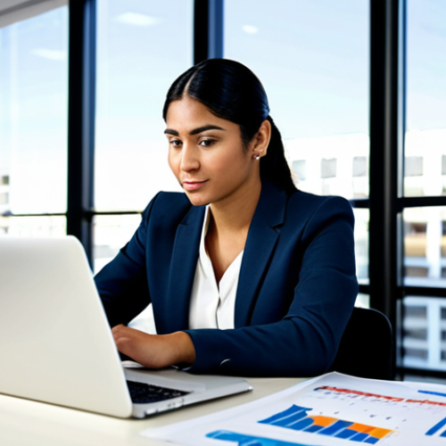 Home 6 A focused professional, a person of Hispanic descent, wearing a modest business suit, seated at a modern desk in a well-lit, contemporary office. The desk is tidy, displaying a laptop with financial charts and a digital tablet showing a detailed budget spreadsheet. The background features blurred office architecture, suggesting a thriving and organized business environment. The image emphasizes strategic financial management and a secure, professional setting. This scene is fully clothed, in appropriate attire, safe for work, appropriate content, professional, with perfect anatomy, correct proportions, natural pose, well-formed hands, proper finger count, and natural body proportions, ensuring a family-friendly outcome.