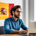 Home 17 부업의 위험 관리 방법 - A young Spanish professional sitting at a modern home office desk with a laptop and smartphone, orga...