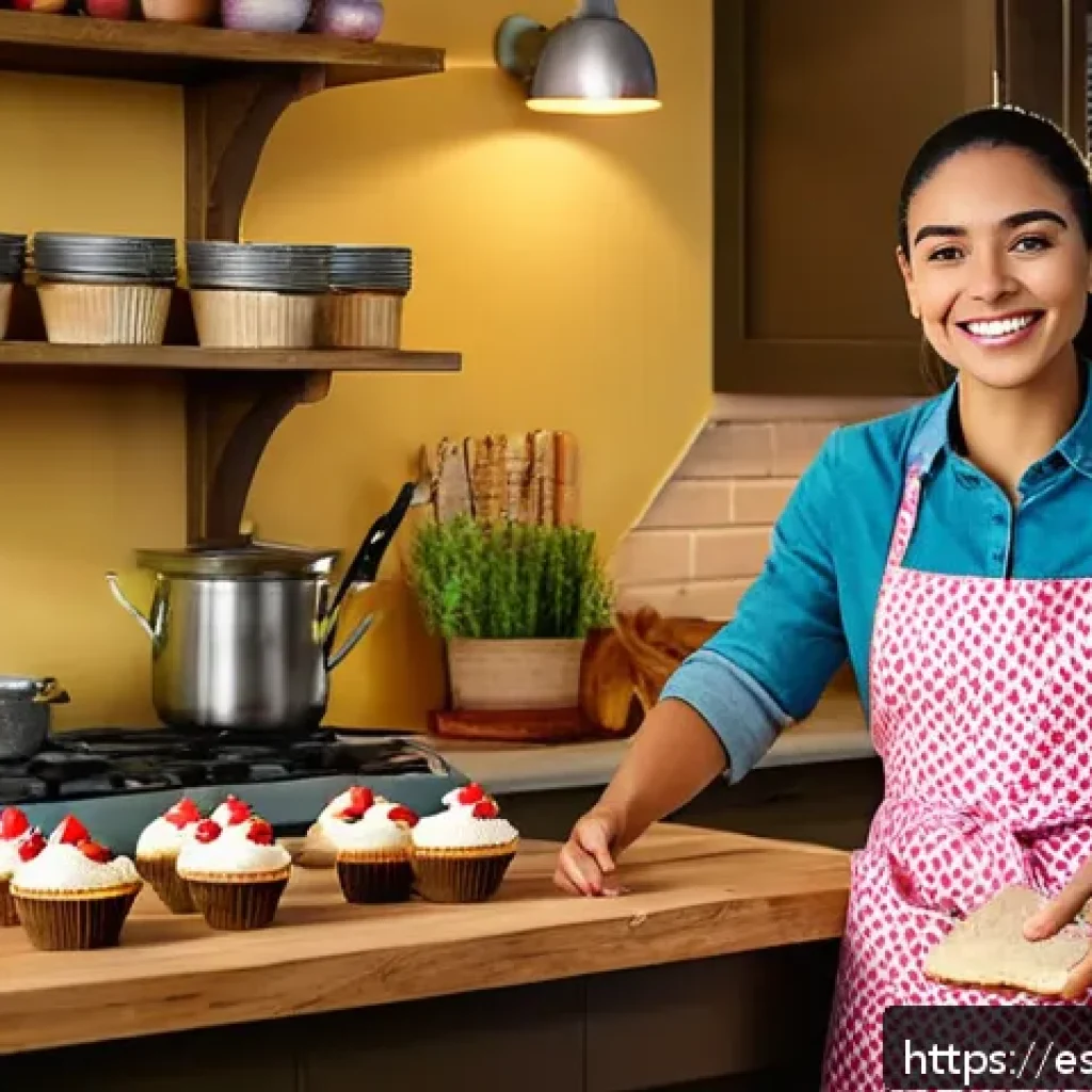 부업으로의 첫걸음 내딛기 - A cozy home kitchen scene featuring a young Hispanic woman in casual clothing and an apron, happily ...