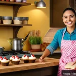 Home 22 부업으로의 첫걸음 내딛기 - A cozy home kitchen scene featuring a young Hispanic woman in casual clothing and an apron, happily ...