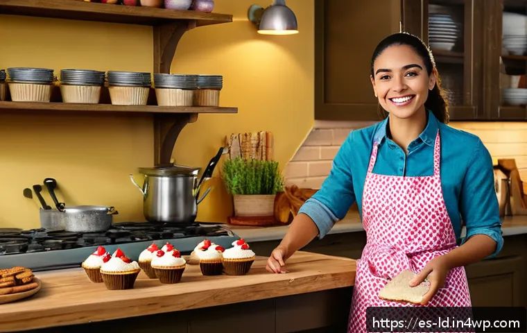 부업으로의 첫걸음 내딛기 - A cozy home kitchen scene featuring a young Hispanic woman in casual clothing and an apron, happily ...